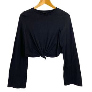 UO Out From Under Cropped Flare Long Sleeve Black Tie Knot Front Shirt Medium